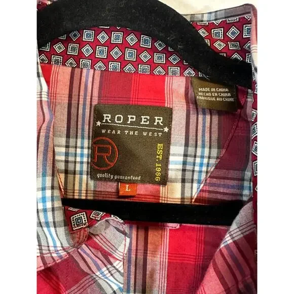 Roper Western Pearl Snap Button Down Shirt Red White Blue Plaid Mens LS L D36 - Picture 3 of 6